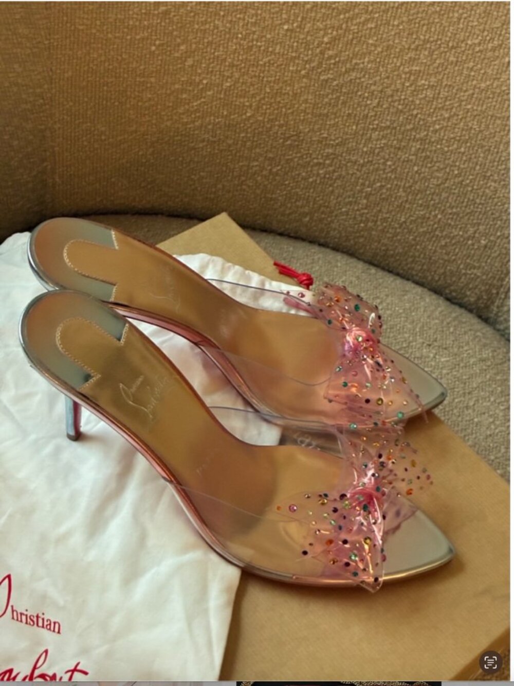 Christian Louboutin AquaStrass PVC Pink Crystal Bow Mules SIZE 7.5/39 (see note) - Picture 12 of 16